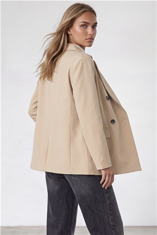 Kadın Krem Kruvaze Yaka Düğmeli Blazer Ceket Alc-X15732