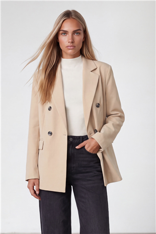 Kadın Krem Kruvaze Yaka Düğmeli Blazer Ceket Alc-X15732