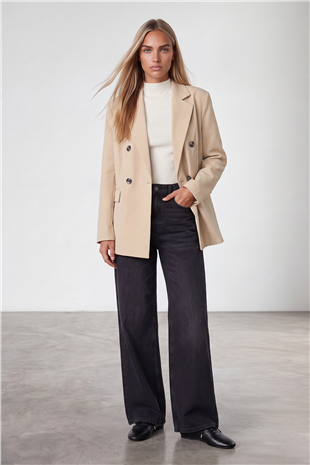 Kadın Krem Kruvaze Yaka Düğmeli Blazer Ceket Alc-X15732