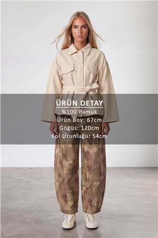 Kadın Krem Kuşak Detaylı Çıtçıt Kapamalı Denim Ceket Alc-X15652