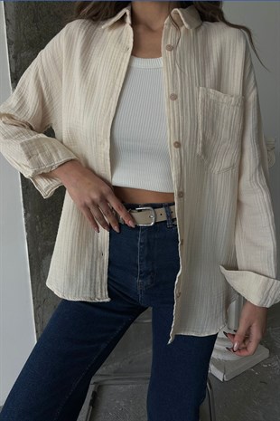 Kadın Krem Tek Cepli Oversize Müslin Gömlek VS00658