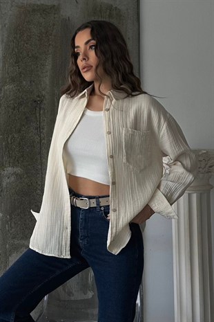 Kadın Krem Tek Cepli Oversize Müslin Gömlek VS00658