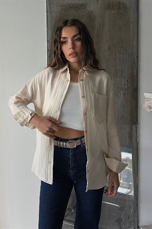 Kadın Krem Tek Cepli Oversize Müslin Gömlek VS00658