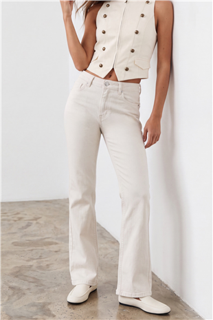 Kadın Krem Yüksek Bel İspanyol Paça Gabardin Pantolon Alc-X15831