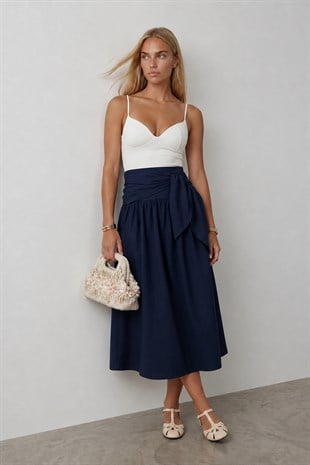 Kadın Lacivert Beli Bağlamalı Fermuarlı İçi Astarlı Midi Poplin Etek Alc-X15519