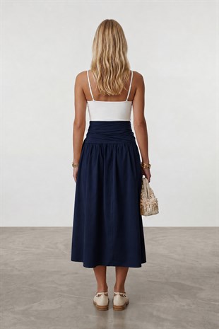 Kadın Lacivert Beli Bağlamalı Fermuarlı İçi Astarlı Midi Poplin Etek Alc-X15519