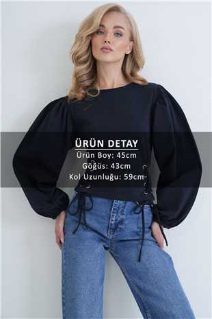 Kadın Lacivert Bisiklet Yaka Balon Kol Kuş Gözü Detaylı Örme Crop Bluz Alc-X10871