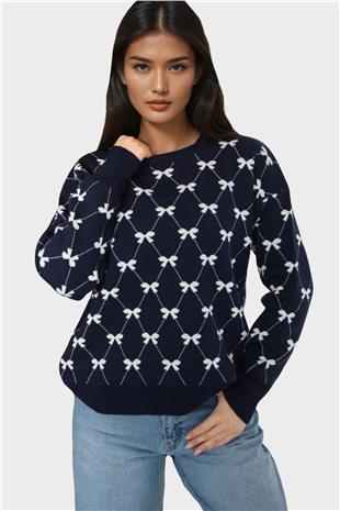 Kadın Lacivert Bisiklet Yaka Kurdale Desenli Triko Kazak Alc-X14822