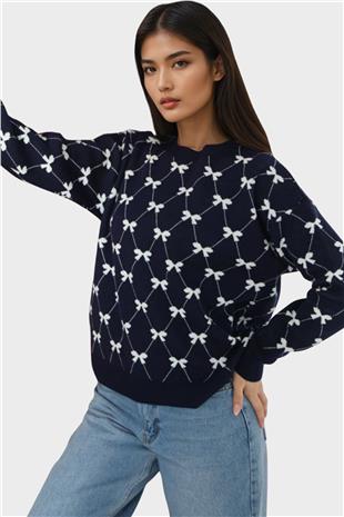 Kadın Lacivert Bisiklet Yaka Kurdale Desenli Triko Kazak Alc-X14822