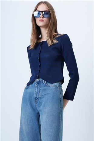 Kadın Lacivert Bisiklet Yaka Önü Düğmeli Triko Bluz ALC-X14600