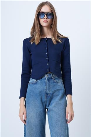 Kadın Lacivert Bisiklet Yaka Önü Düğmeli Triko Bluz ALC-X14600