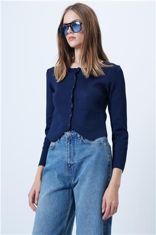 Kadın Lacivert Bisiklet Yaka Önü Düğmeli Triko Bluz ALC-X14600