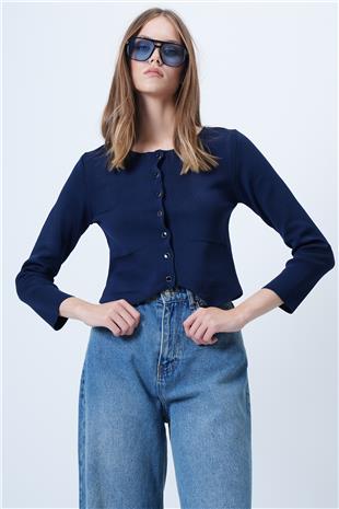 Kadın Lacivert Bisiklet Yaka Önü Düğmeli Triko Bluz ALC-X14600