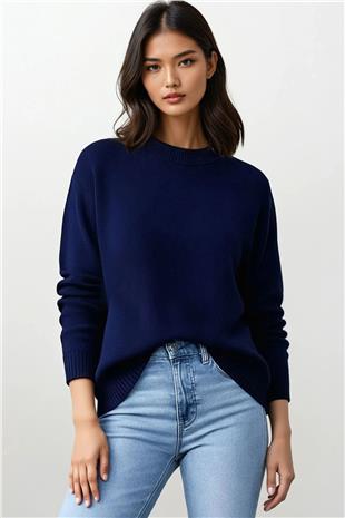 Kadın Lacivert Bisiklet Yaka Oversize Triko Kazak Alc-X14901