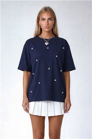 Kadın Lacivert Bisiklet Yaka Oversize İnci Ve Taş İşlemeli T-Shirt ALC-X11964