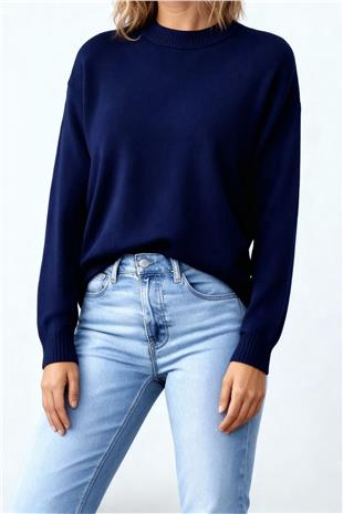 Kadın Lacivert Bisiklet Yaka Oversize Triko Kazak Alc-X14901
