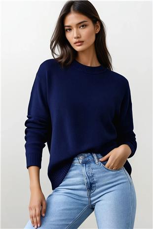 Kadın Lacivert Bisiklet Yaka Oversize Triko Kazak Alc-X14901