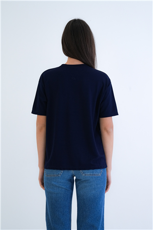 Kadın Lacivert Bisiklet Yaka Oversize T-Shirt Alc-X15262