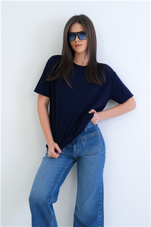 Kadın Lacivert Bisiklet Yaka Oversize T-Shirt Alc-X15262