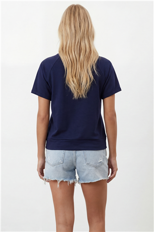 Kadın Lacivert Bisiklet Yaka Reglan Kol Oversize T-Shırt Alc-X15492