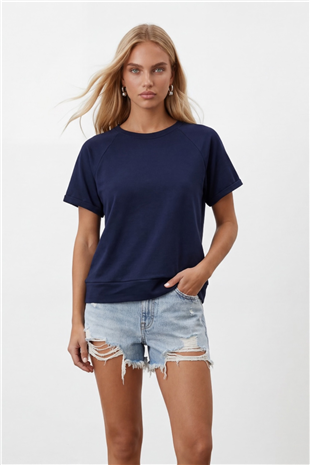 Kadın Lacivert Bisiklet Yaka Reglan Kol Oversize T-Shırt Alc-X15492