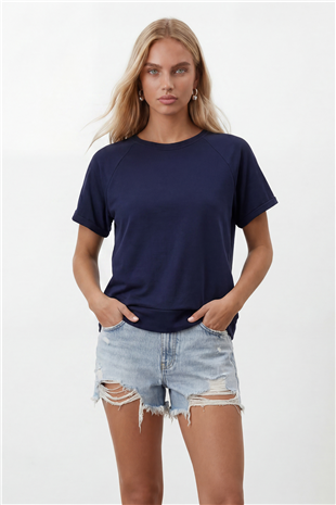 Kadın Lacivert Bisiklet Yaka Reglan Kol Oversize T-Shırt Alc-X15492