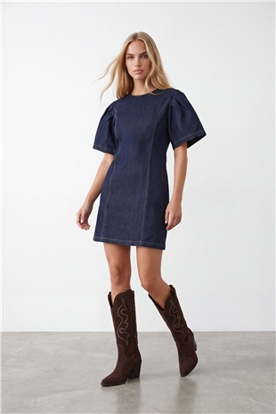 Kadın Lacivert Büzgülü Kollu Denim Elbise Alc-X15985