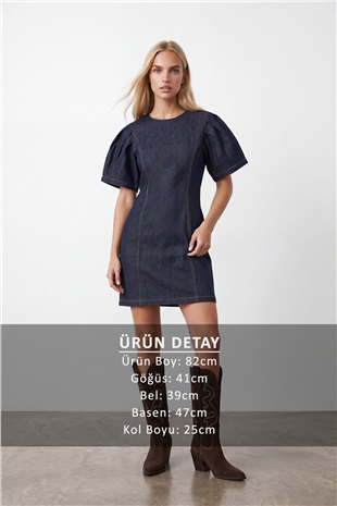 Kadın Lacivert Büzgülü Kollu Denim Elbise Alc-X15985