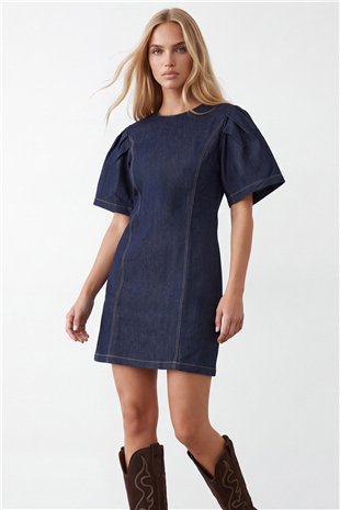 Kadın Lacivert Büzgülü Kollu Denim Elbise Alc-X15985