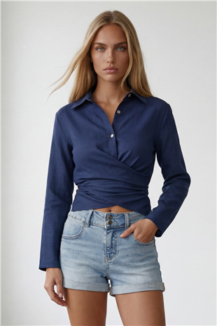 Kadın Lacivert Çapraz Bağlama Detaylı Sofia Keten Gömlek Alc-X15471