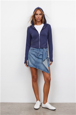 Kadın Lacivert Çift Cepli Parmak Geçmeli Fermuarlı Kapüşonlu Modal Sweatshirt Alc-X15730