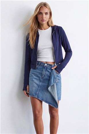 Kadın Lacivert Çift Cepli Parmak Geçmeli Fermuarlı Kapüşonlu Modal Sweatshirt Alc-X15730
