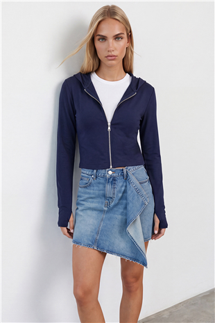 Kadın Lacivert Çift Cepli Parmak Geçmeli Fermuarlı Kapüşonlu Modal Sweatshirt Alc-X15730