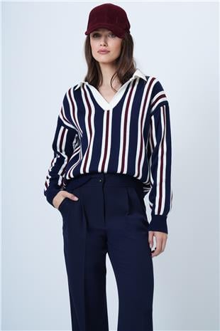Kadın LACİVERT-ÇİZGİLİ Polo Yaka Çizgili Triko Kazak VS01463