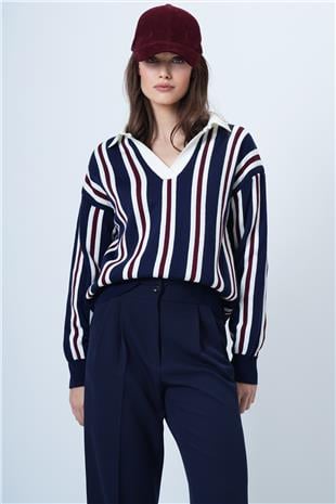 Kadın LACİVERT-ÇİZGİLİ Polo Yaka Çizgili Triko Kazak VS01463