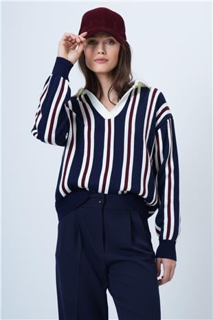 Kadın LACİVERT-ÇİZGİLİ Polo Yaka Çizgili Triko Kazak VS01463