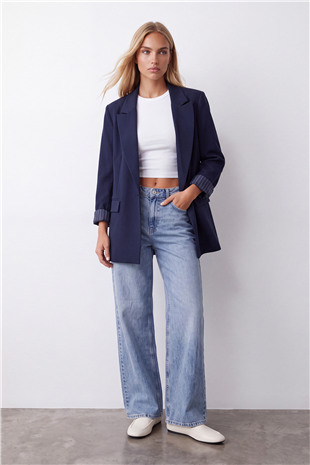 Kadın Lacivert Desenli Astarlı Blazer Ceket Alc-X15643