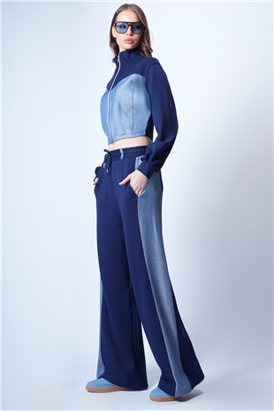 Kadın Lacivert Dik Yaka Dokuma Garnili Örme Crop Sweat Ve Çift Cepli Pantolon Takım Alc-X15087