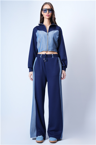 Kadın Lacivert Dik Yaka Dokuma Garnili Örme Crop Sweat Ve Çift Cepli Pantolon Takım Alc-X15087