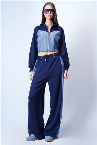 Kadın Lacivert Dik Yaka Dokuma Garnili Örme Crop Sweat Ve Çift Cepli Pantolon Takım Alc-X15087
