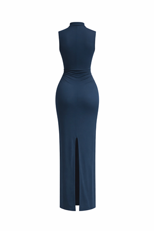 Kadın Lacivert Dik Yaka Drape Detaylı Yırtmaçlı Sandy Elbise Alc-X15244