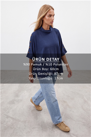 Kadın Lacivert Dik Yaka Düğme Detaylı Örme Panço Bluz Alc-X15866
