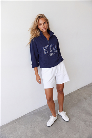 Kadın Lacivert Dik Yaka Fermuarlı 3 İplik İçi Şardonlu Ve Nakışlı Sweatshirt Alc-X15725