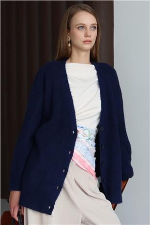 Kadın LACİVERT Düğme Kapamalı Fitilli Uzun Triko Hırka VS01430