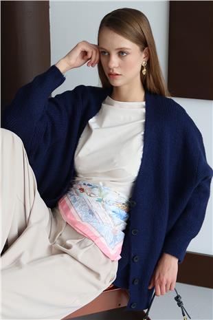 Kadın LACİVERT Düğme Kapamalı Fitilli Uzun Triko Hırka VS01430