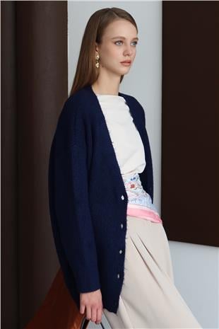 Kadın LACİVERT Düğme Kapamalı Fitilli Uzun Triko Hırka VS01430