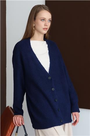 Kadın LACİVERT Düğme Kapamalı Fitilli Uzun Triko Hırka VS01430