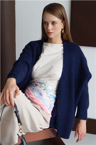 Kadın LACİVERT Düğme Kapamalı Fitilli Uzun Triko Hırka VS01430