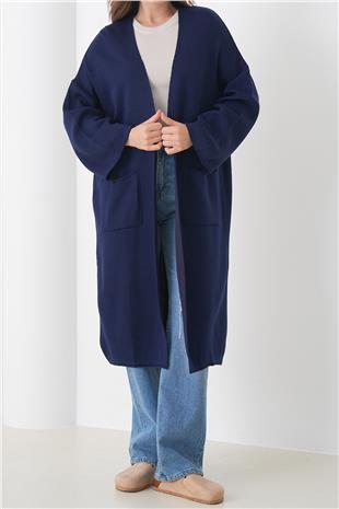 Kadın LACİVERT Geniş Kol Çift Cepli Uzun Triko Hırka VS01436