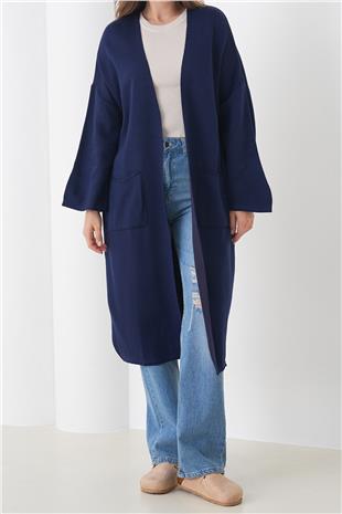 Kadın LACİVERT Geniş Kol Çift Cepli Uzun Triko Hırka VS01436